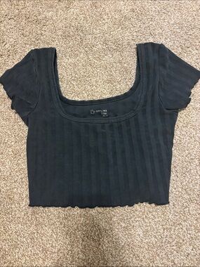 aerie Black Ribbed Square Neck Crop Top